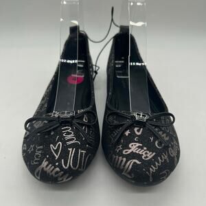 Juicy Couture Flats Girls‎ 4 Black Silver Script Logo Ballet Shoes Bow Detail